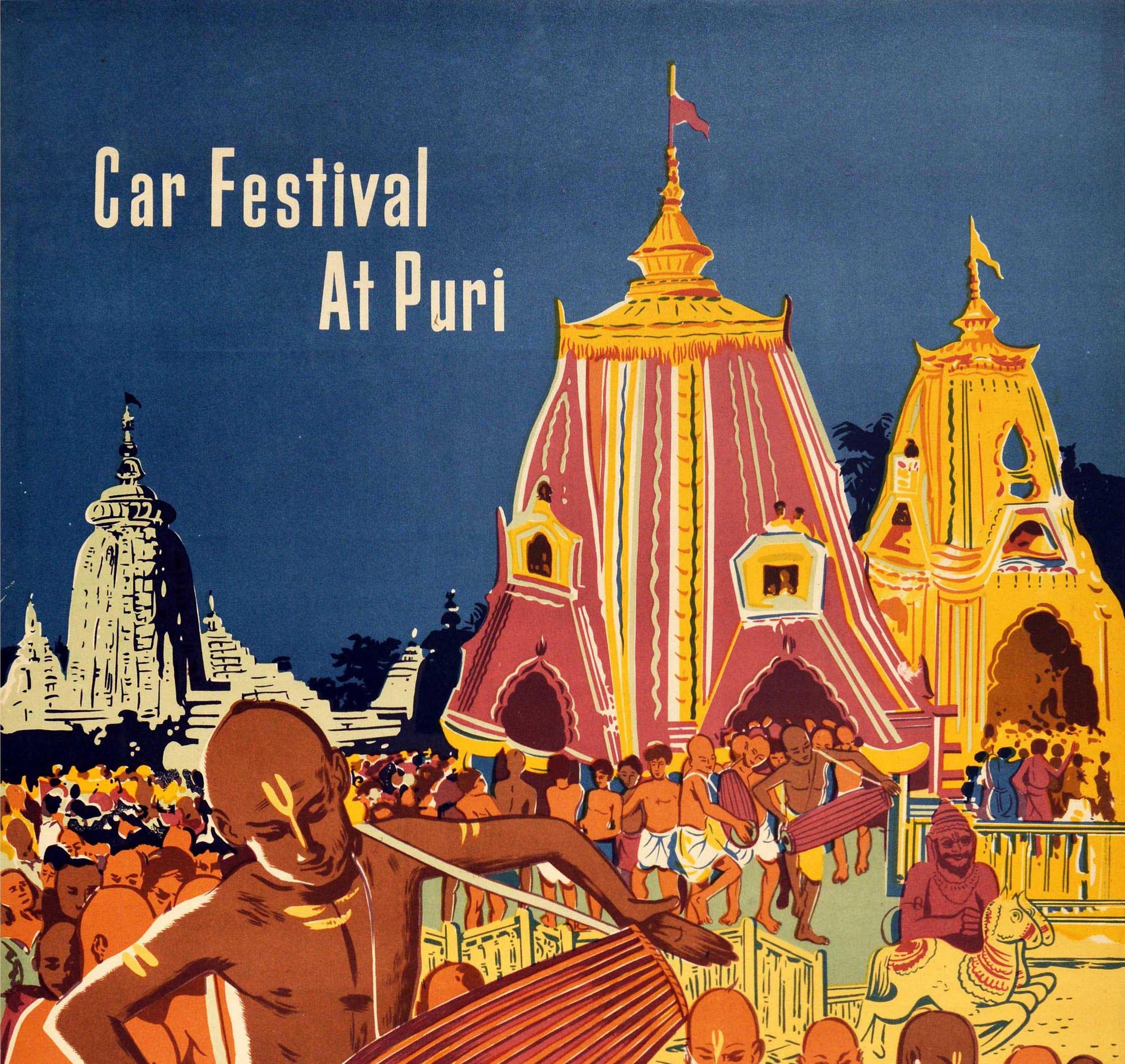 Original Vintage Poster Car Festival At Puri India Music Procession Hindu Temple - Print by Unknown