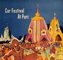 Original Vintage Poster Car Festival At Puri India Music Procession Hindu Temple