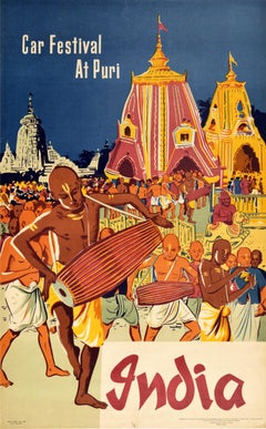 Original Vintage Poster Car Festival At Puri India Music Procession Hindu Temple