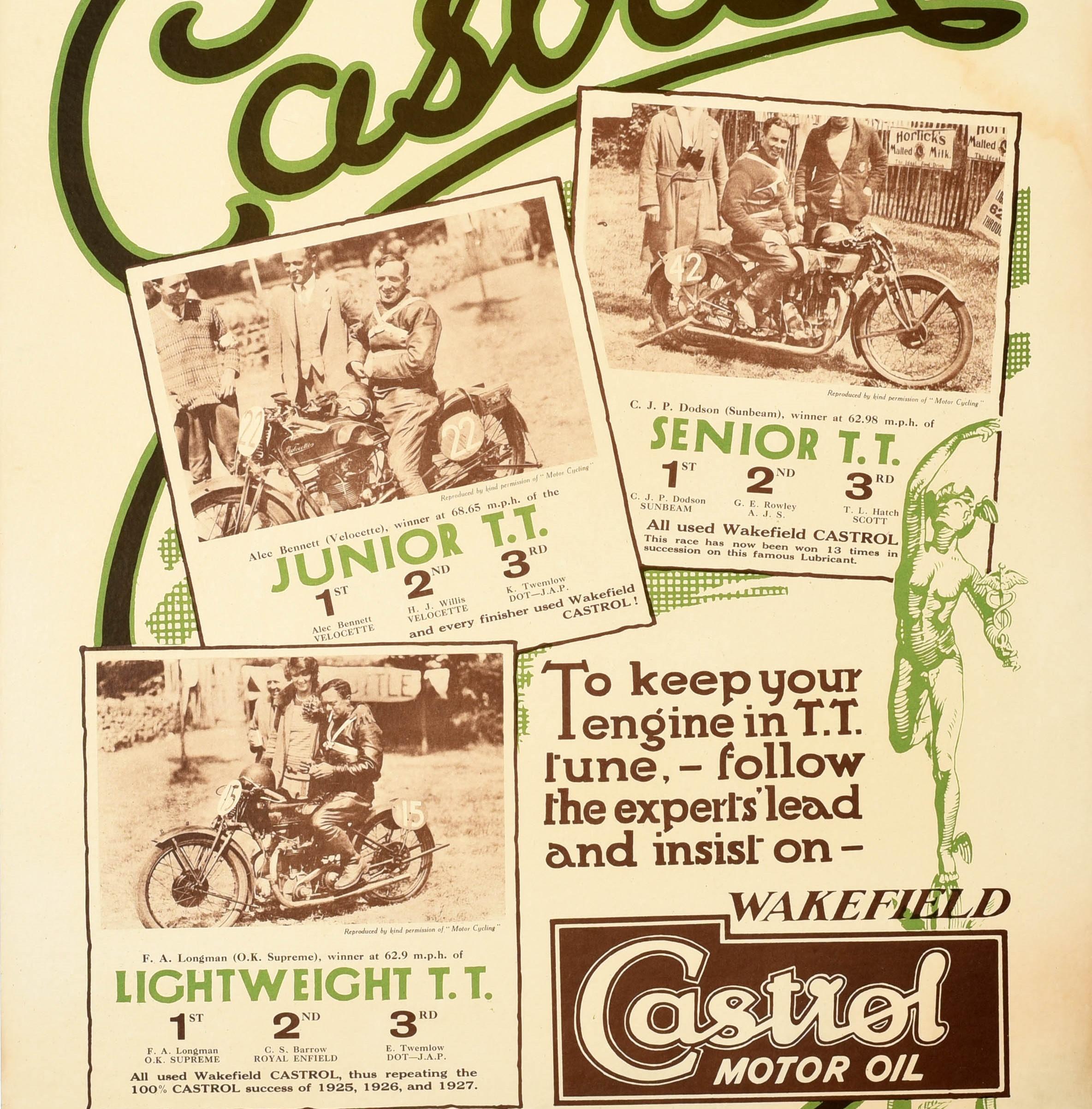 Original Vintage Motorsport Werbeplakat für Castrol Motor Oil - 1928 T.T. Rennen, die wieder mit Castrol gewonnen wurden - mit dem Titel in fetten stilisierten Buchstaben oben, dem Schwung des Buchstabens L hinter den Fotos und der Beschreibung der
