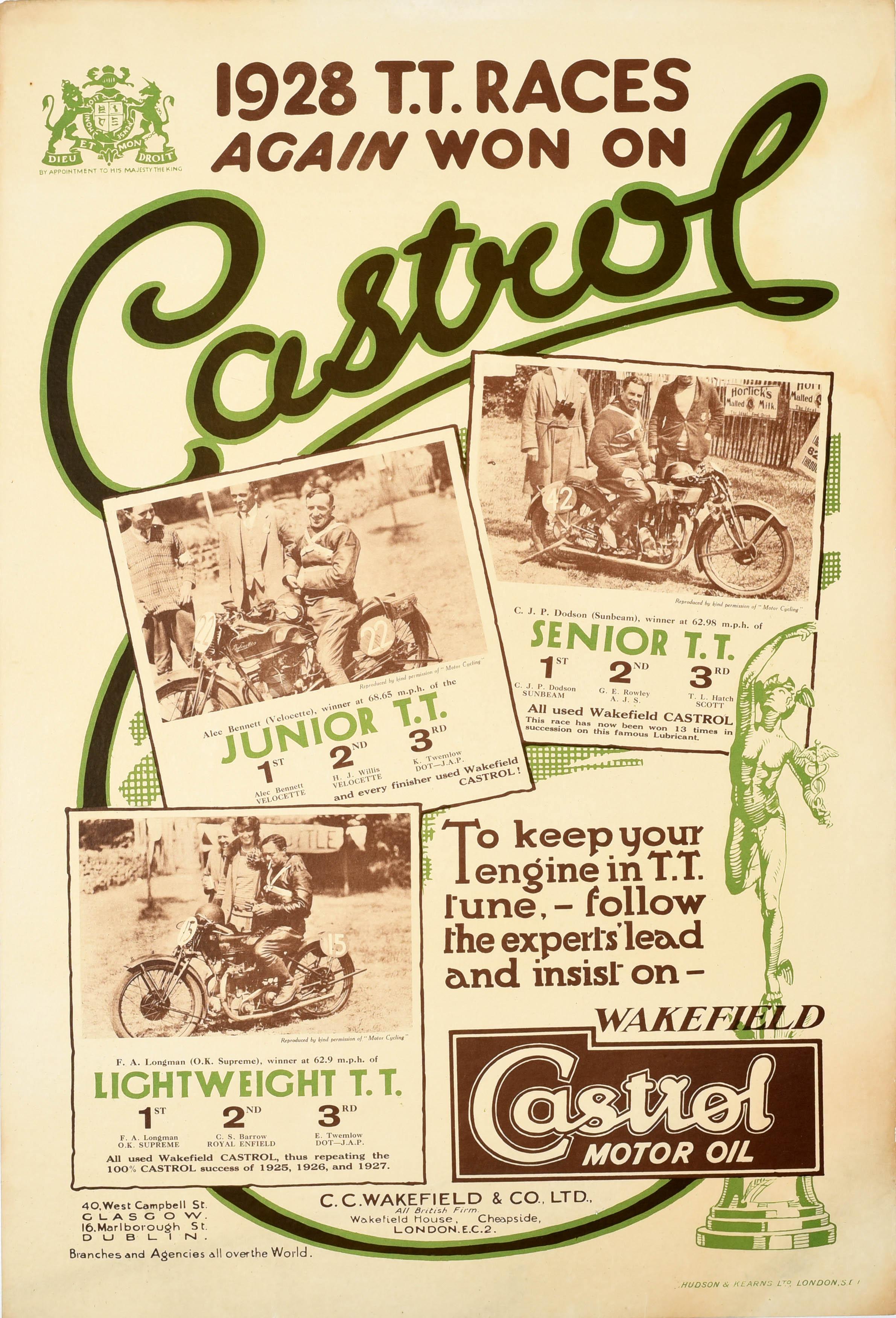 Unknown Print – Vintage-Poster Castrol, Motorrad, Öl, 1928, T.T. Races Isle Of Man Motorrad