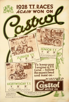 Original Antique Poster Castrol Motor Oil 1928 T.T. Races Isle Of Man Motorcycle