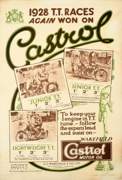 Original Vintage Poster Castrol Motor Oil 1928 T.T. Races Isle Of Man Motorcycle