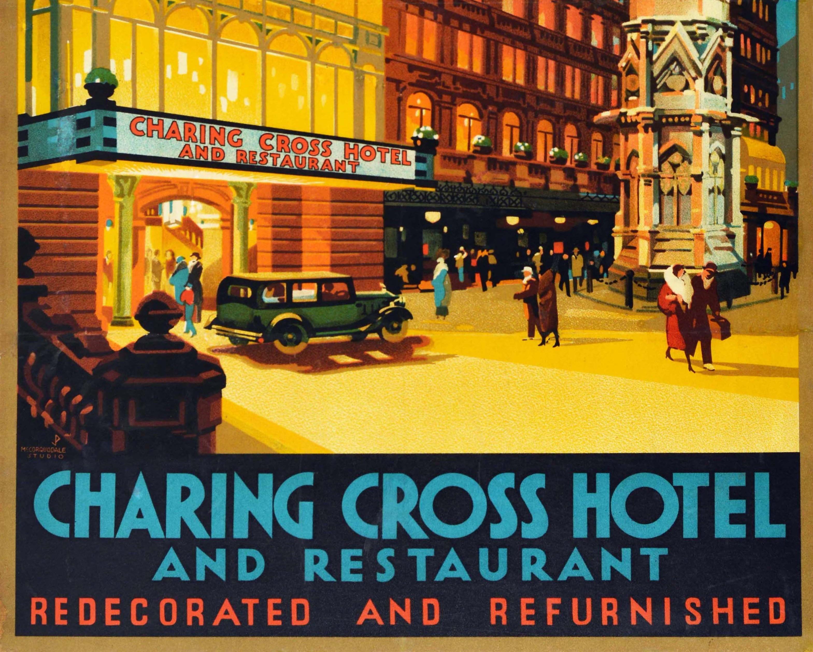 Affiche rétro originale d'un hôtel et d'un restaurant de Charing Cross au cœur de Londres - Art déco Print par Unknown