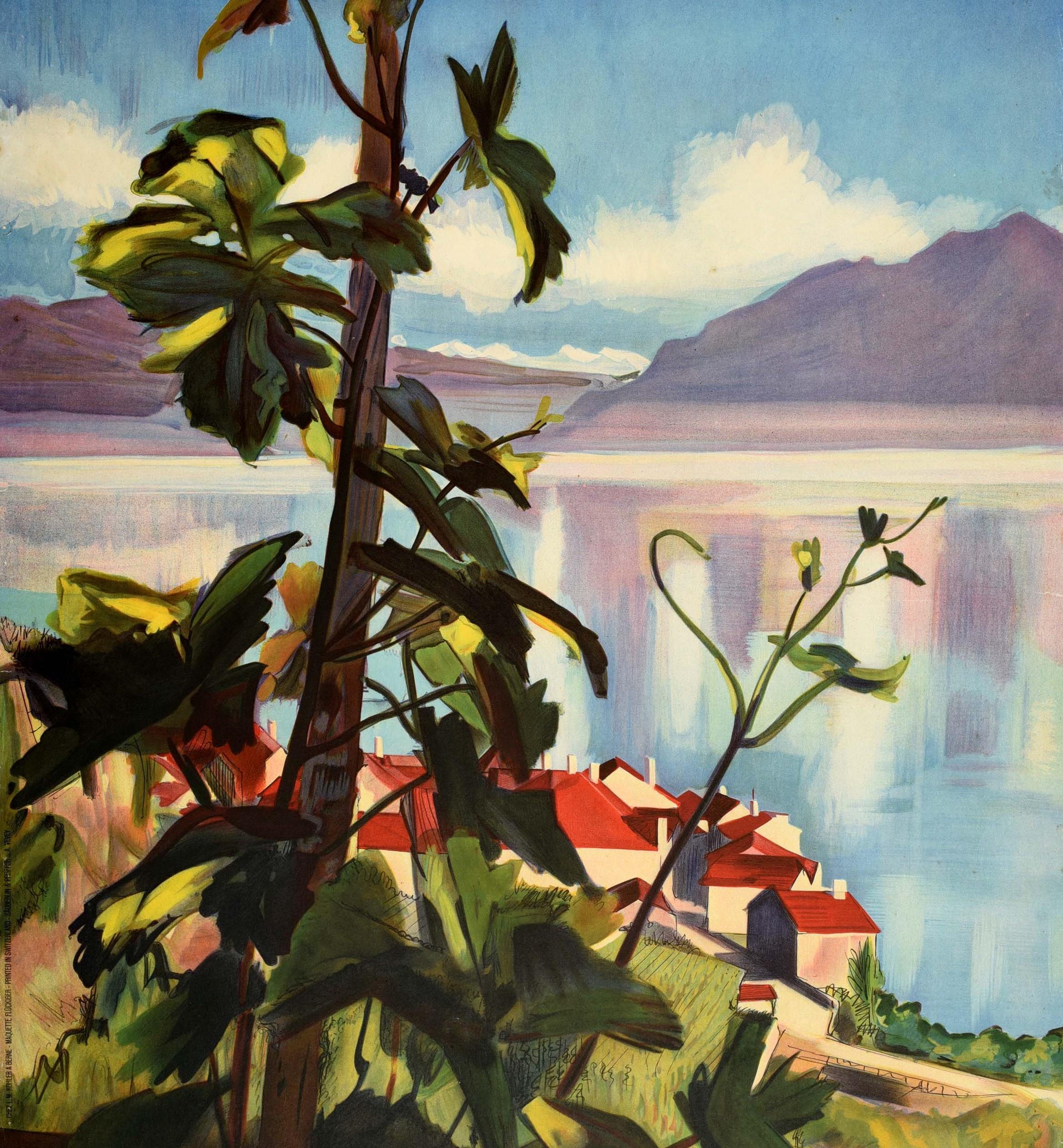 Original Vintage Schweizer Reiseplakat für Chexbres Le Balcon Du Leman Suisse mit einer malerischen Aussicht über den Genfer See / Lac Leman zeigt einen Weinberg im Vordergrund mit einem Weg, der zu den Dächern der landwirtschaftlichen Weinbau Dorf