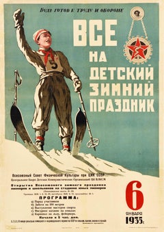 Original Vintage Poster Children Winter Holiday Skiing Art USSR Work And Defence