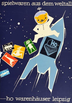 Affiche rétro originale, Jouets pour enfants de l'Équitation spatiale, Ours en peluche et fusée Spielwaren 