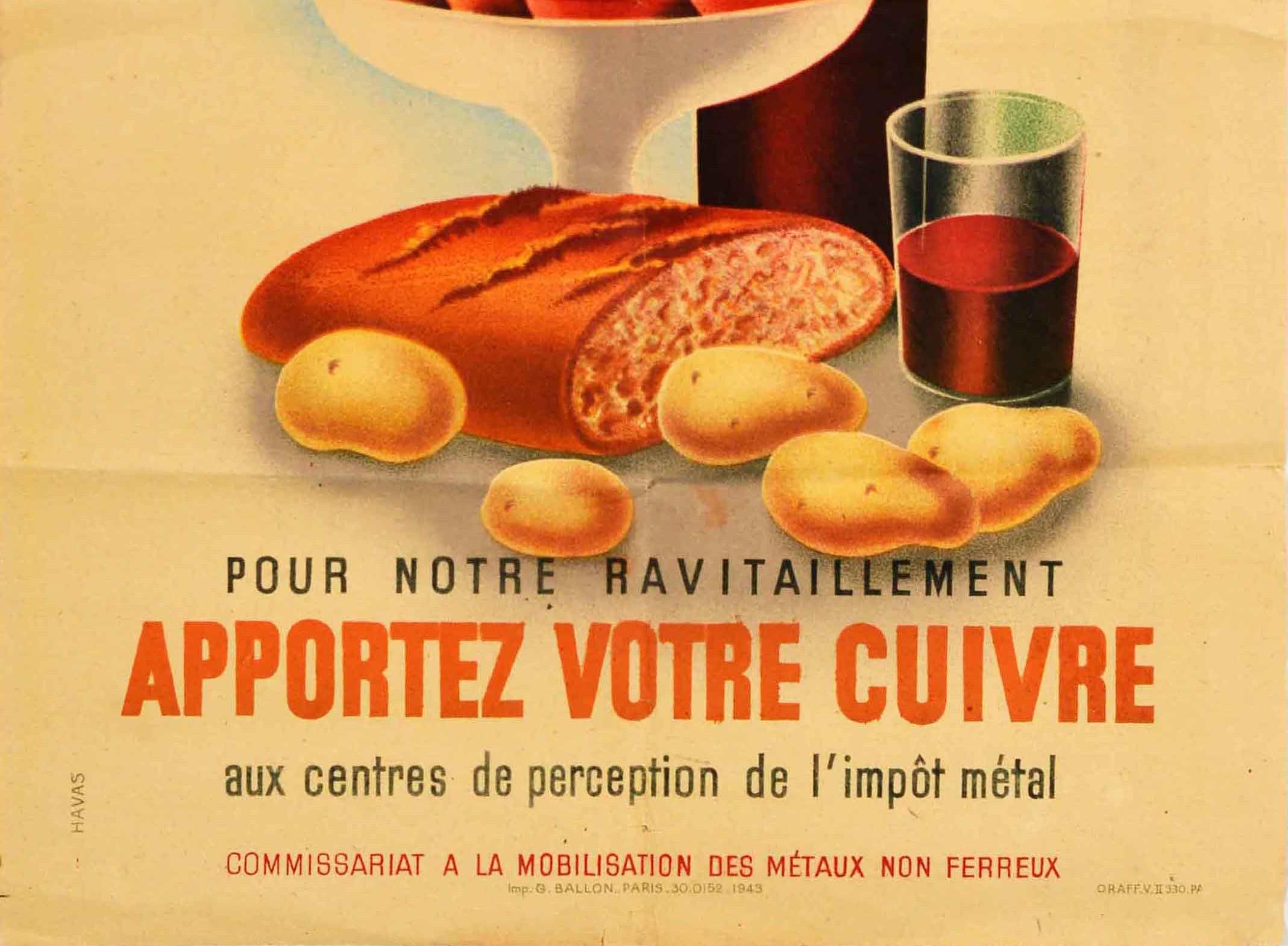 Original-Vintage-Poster, Kupfer, Metall, Steuersammlung, Lebensmittel, Wein, Landwirtschaft (Orange), Print, von Unknown