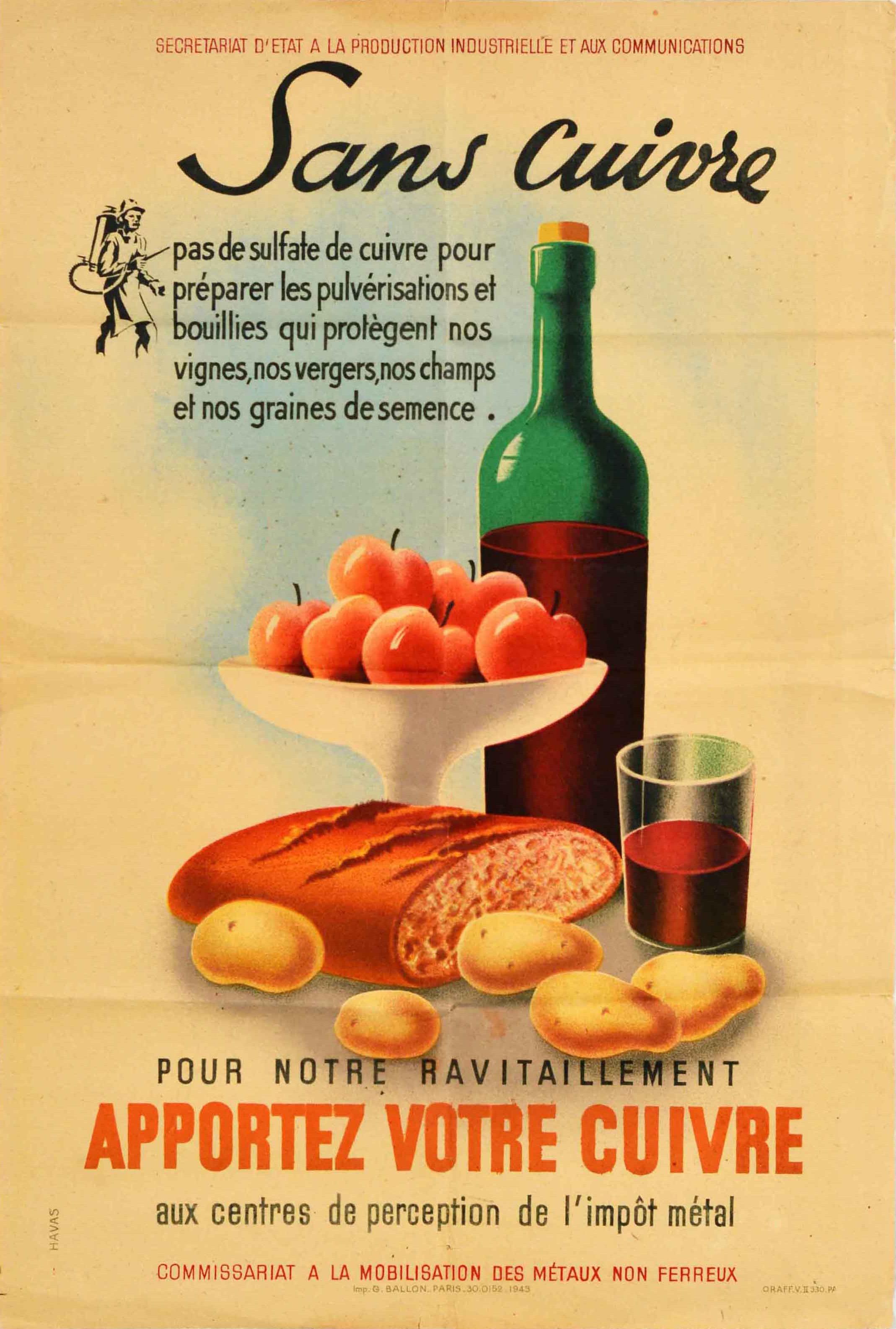 Unknown Print - Original Vintage Poster Copper Metal Tax Collection Food Drink Wine Agriculture