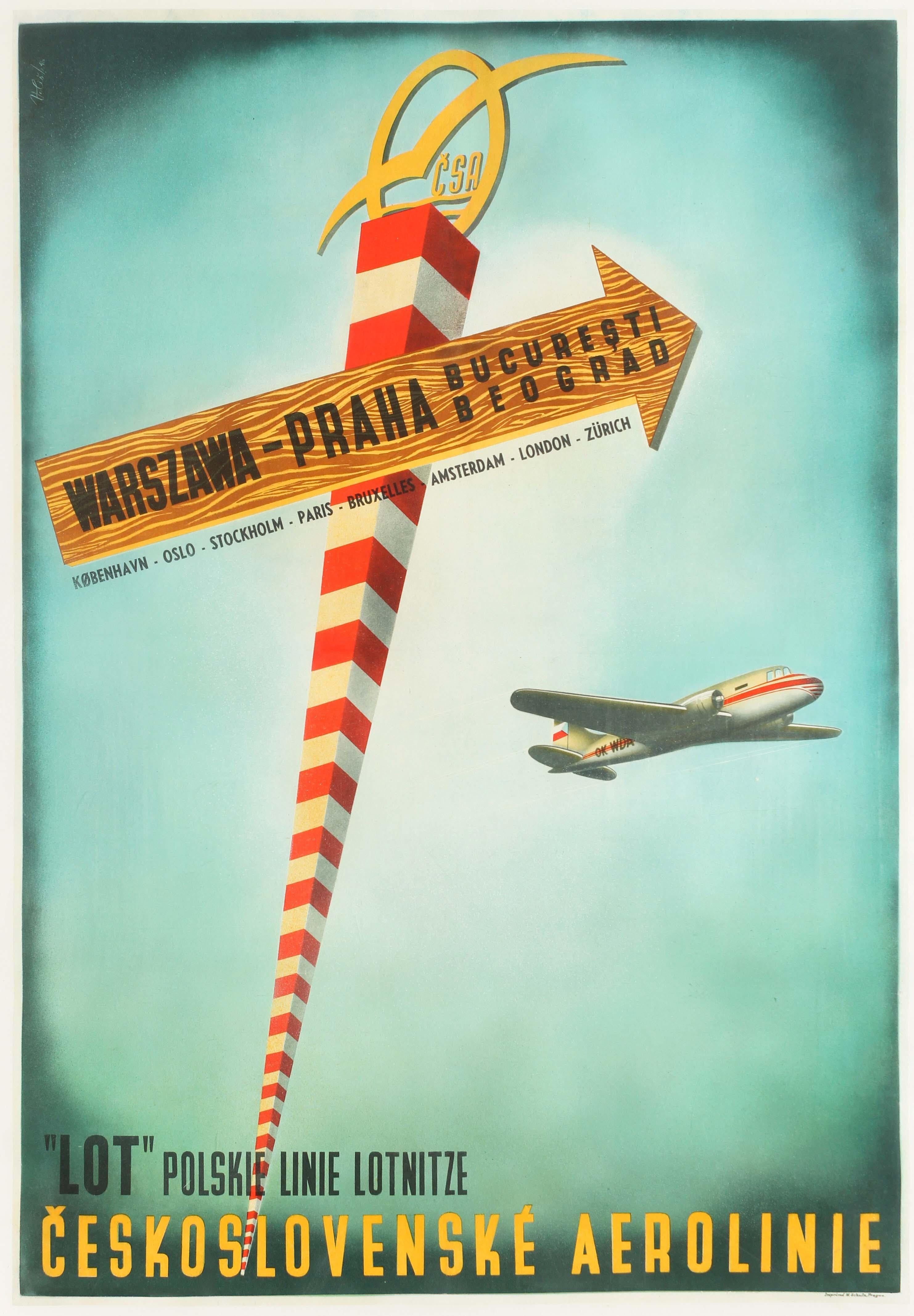 Unknown Print - Original Vintage Poster CSA Czech LOT Polish Airline Travel Warsaw Prague Europe
