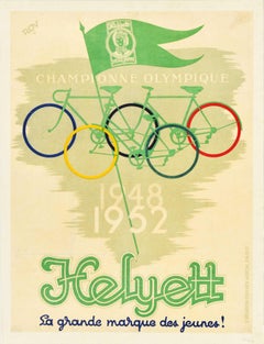 Affiche vintage d'origine Cycles Helyett championnat olympique, Art publicitaire de vélo