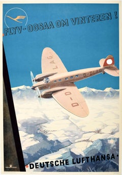 Original Vintage Poster Deutsche Lufthansa Flyv-Ogsaa Om Vinteren Winter Flights