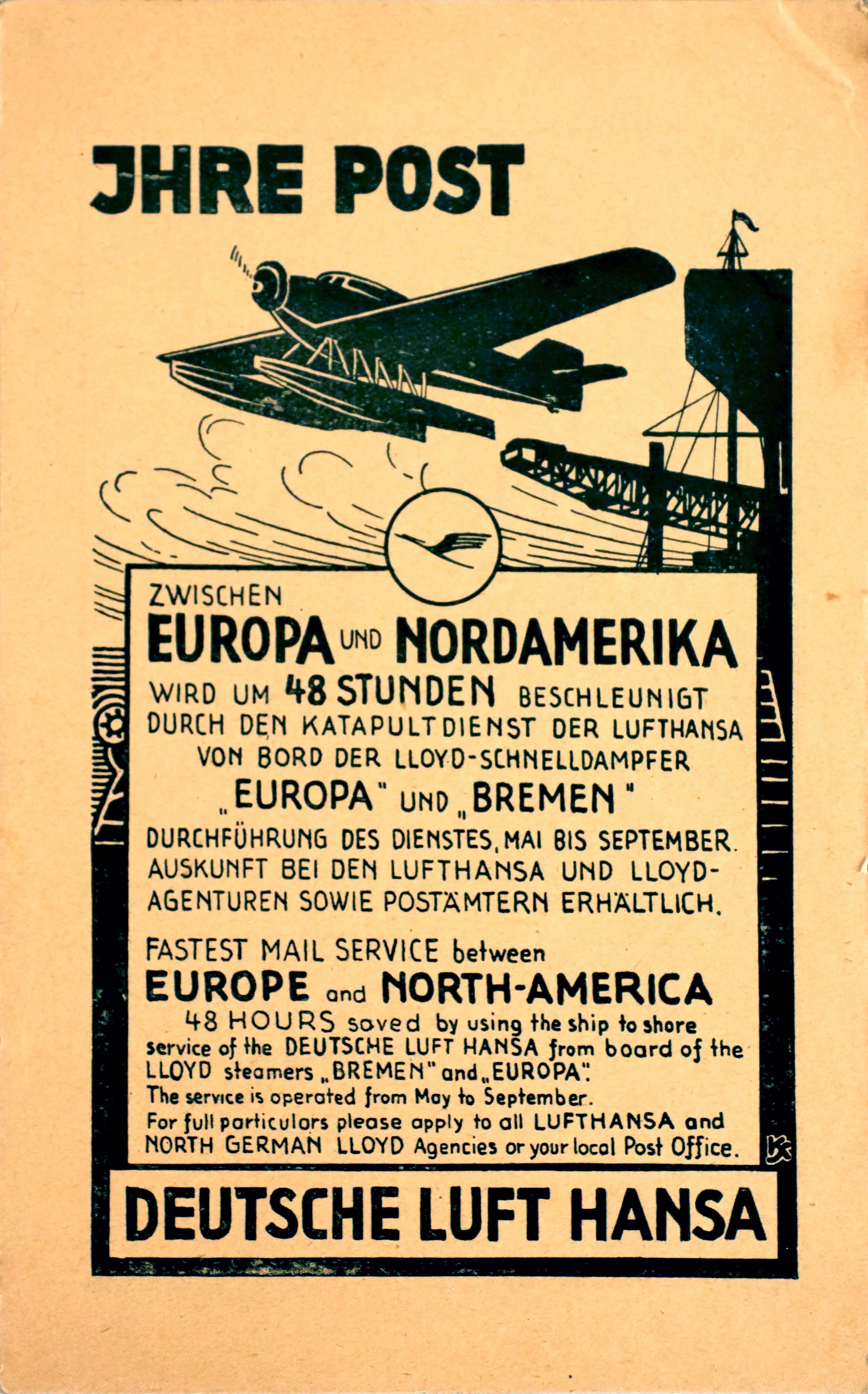 Unknown Print - Original Vintage Poster Deutsche Lufthansa Post Europe N. America Ship To Shore