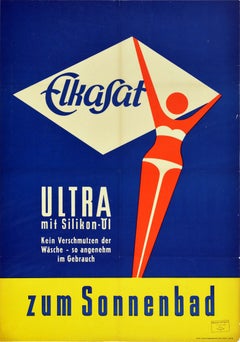 Original Vintage Poster Elkasat Sonnenschirm Sonnenbaden Strand Bikini Grafik Design