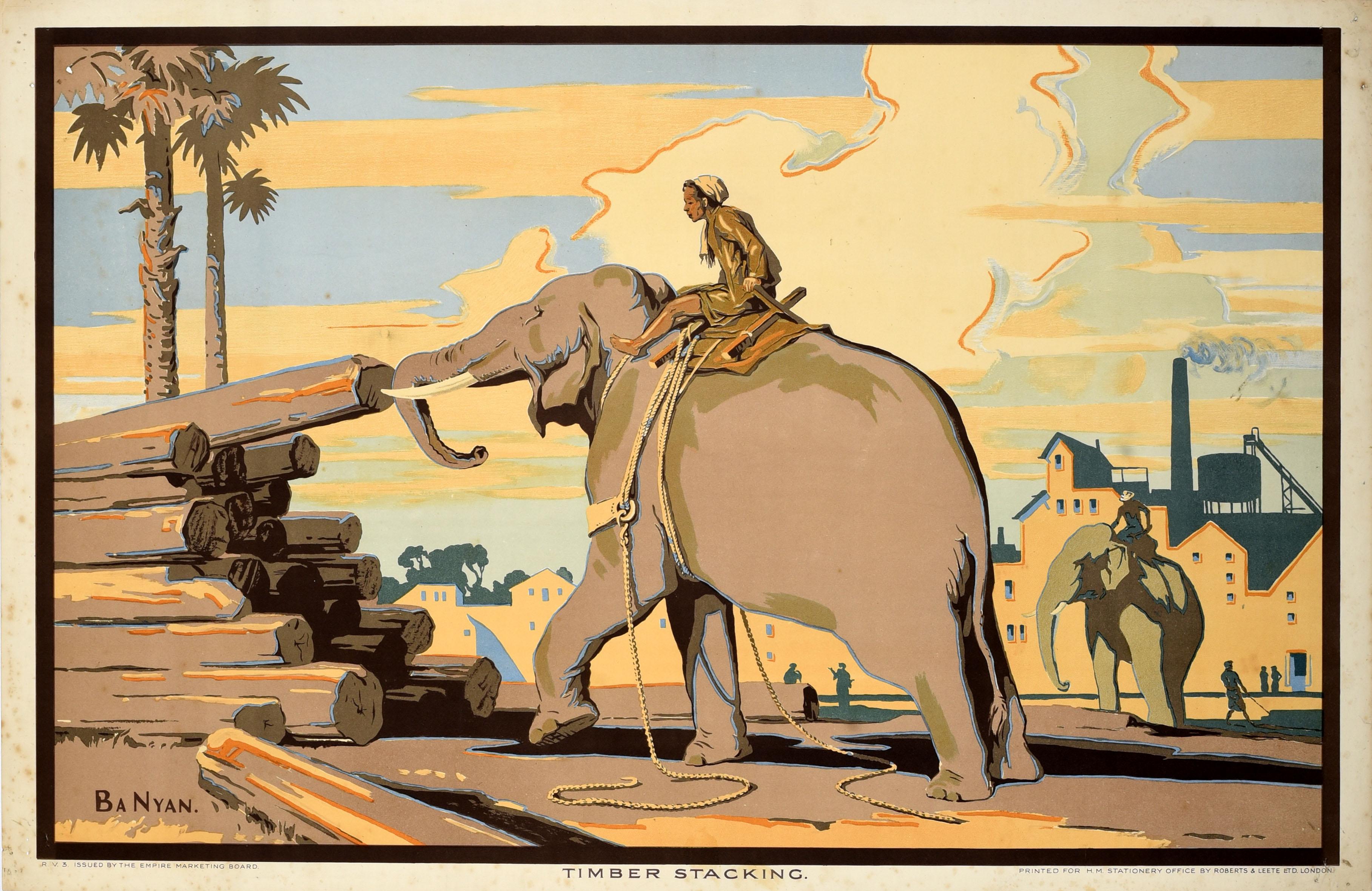 Print di Unknown - Poster originale d'epoca Empire Marketing Board Burma Timber Stacking EMB Ba Nyan