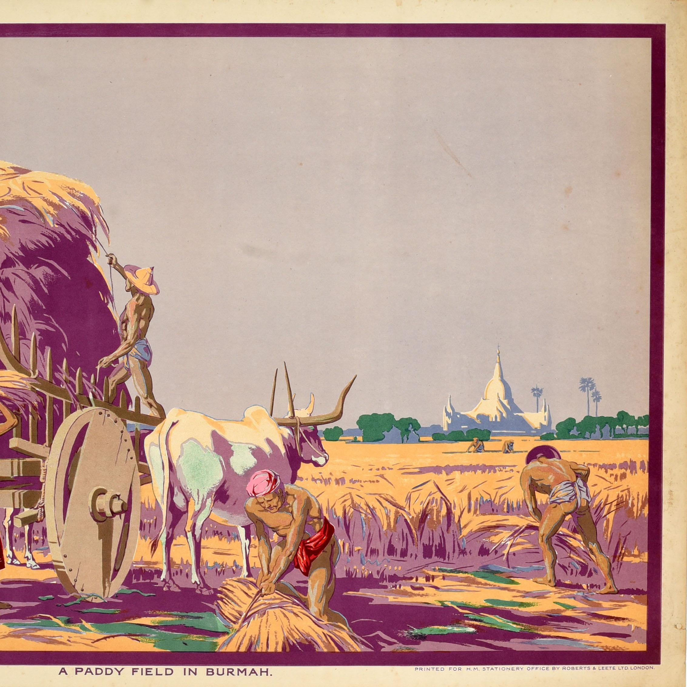 Poster d'epoca originale - Paddy Field Burmah - emesso dall'Empire Marketing Board (EMB 1926-1933) con un'opera d'arte del noto artista birmano BA Nyan (1897-1945) che raffigura dei braccianti che raccolgono il riso in una risaia e impilano il
