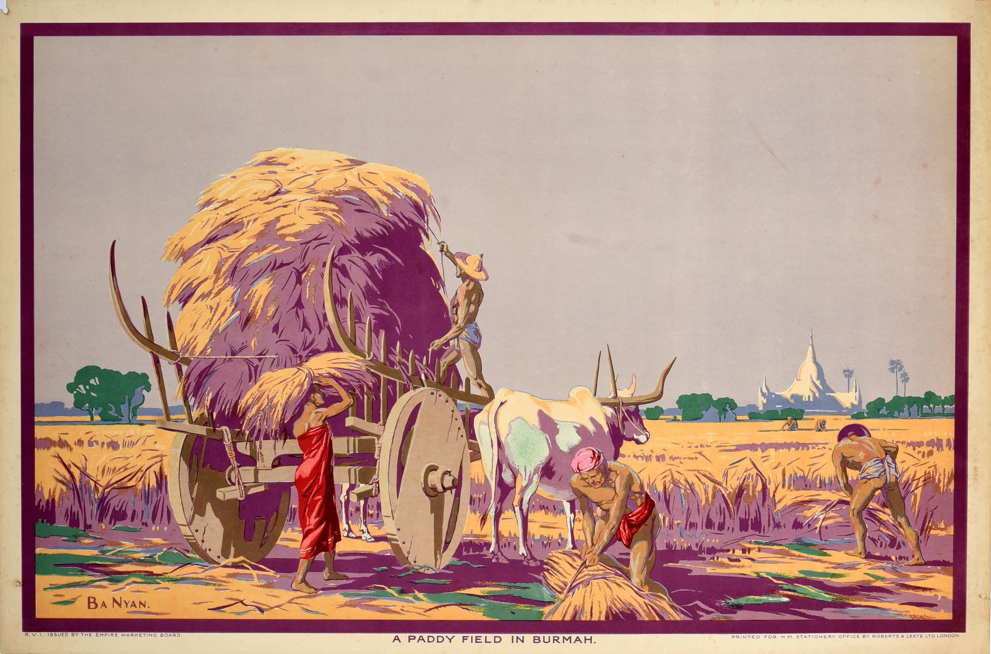 Print di Unknown - Poster originale d'epoca Empire Marketing Board Paddy Field Burma EMB Ba Nyan