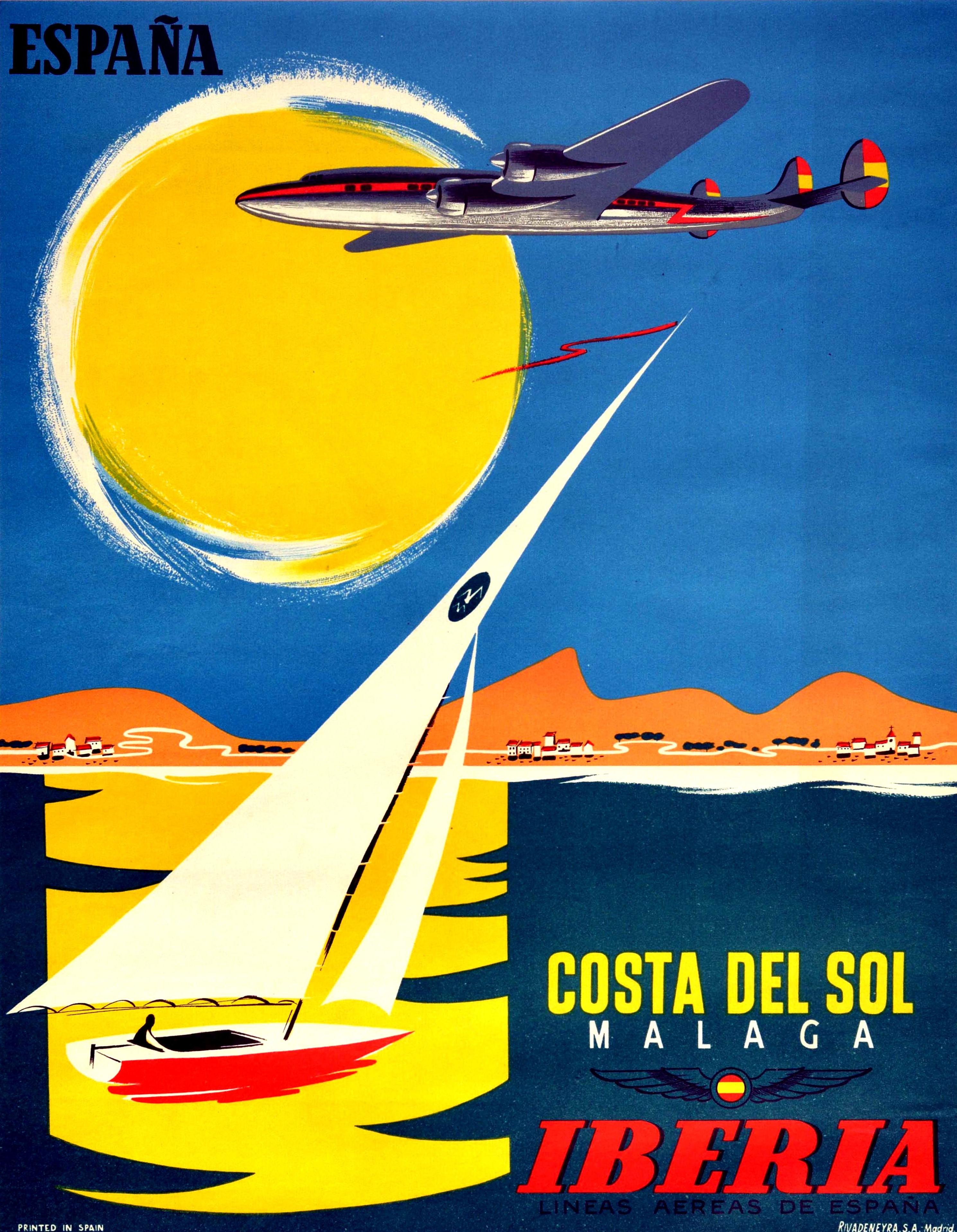 Unknown Print - Original Vintage Poster Espana Costa Del Sol Malaga Iberia Spain Yacht Mountains