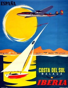 Original Vintage Poster Espana Costa Del Sol Malaga Iberia Spain Yacht Mountains