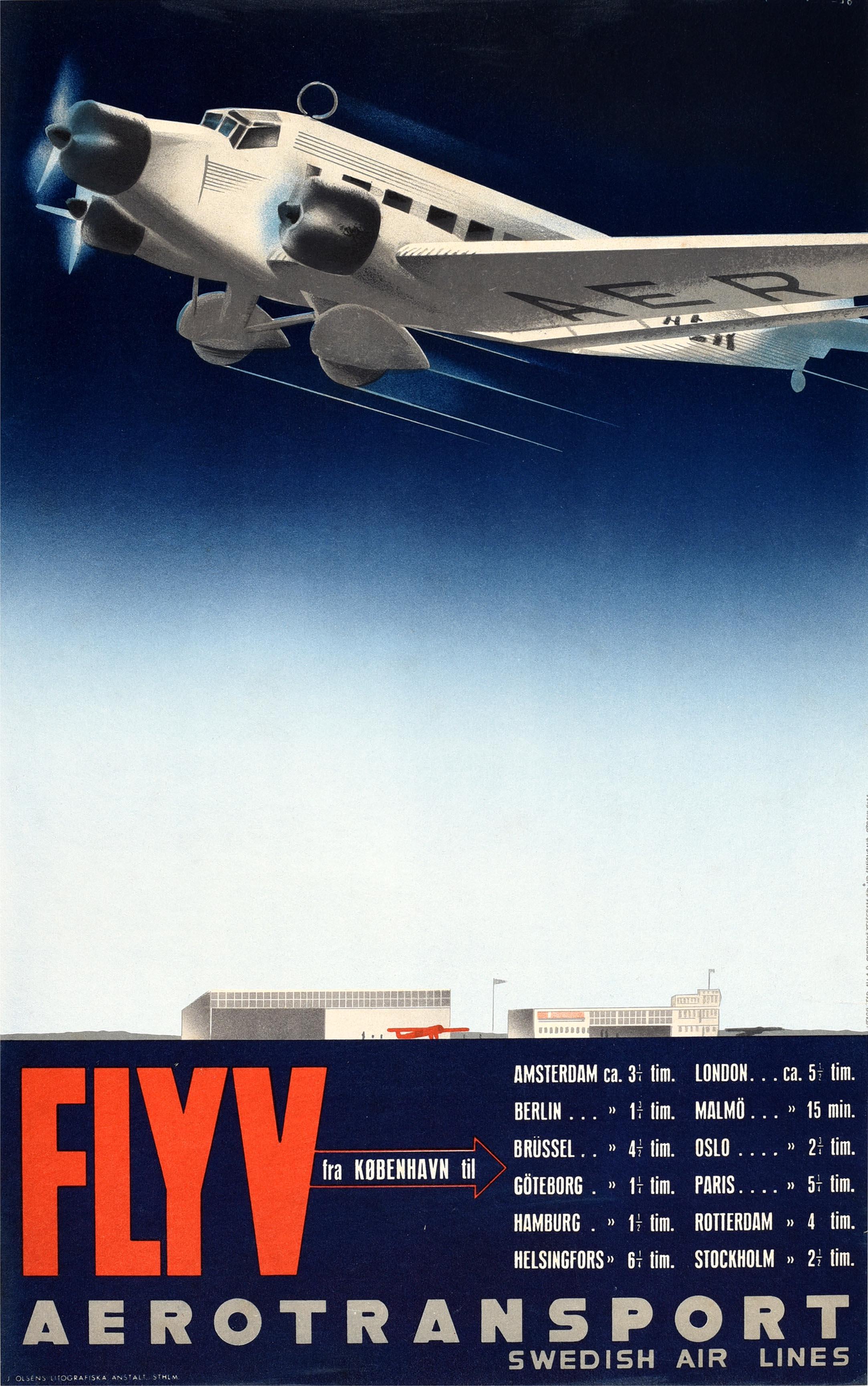 Unknown Print - Original Vintage Poster Fly Aerotransport Swedish Air Lines Travel Europe Sweden