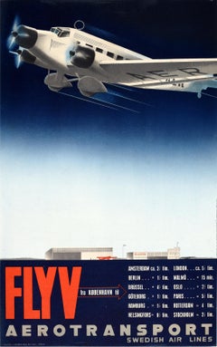 Original Vintage-Poster Fly Aerotransport Schwedische Fluglinien Reisen Europa Schweden