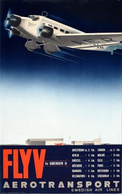 Original Vintage Poster Fly Aerotransport Swedish Air Lines Travel Europe Sweden