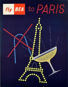 Affiche vintage d'origine Fly BEA To Paris Tour Eiffel Champagne Montmartre Art