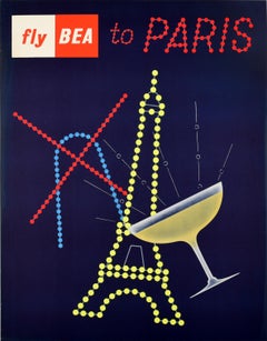 Original Vintage Poster Fly BEA To Paris Eiffel Tower Champagne Montmartre Art