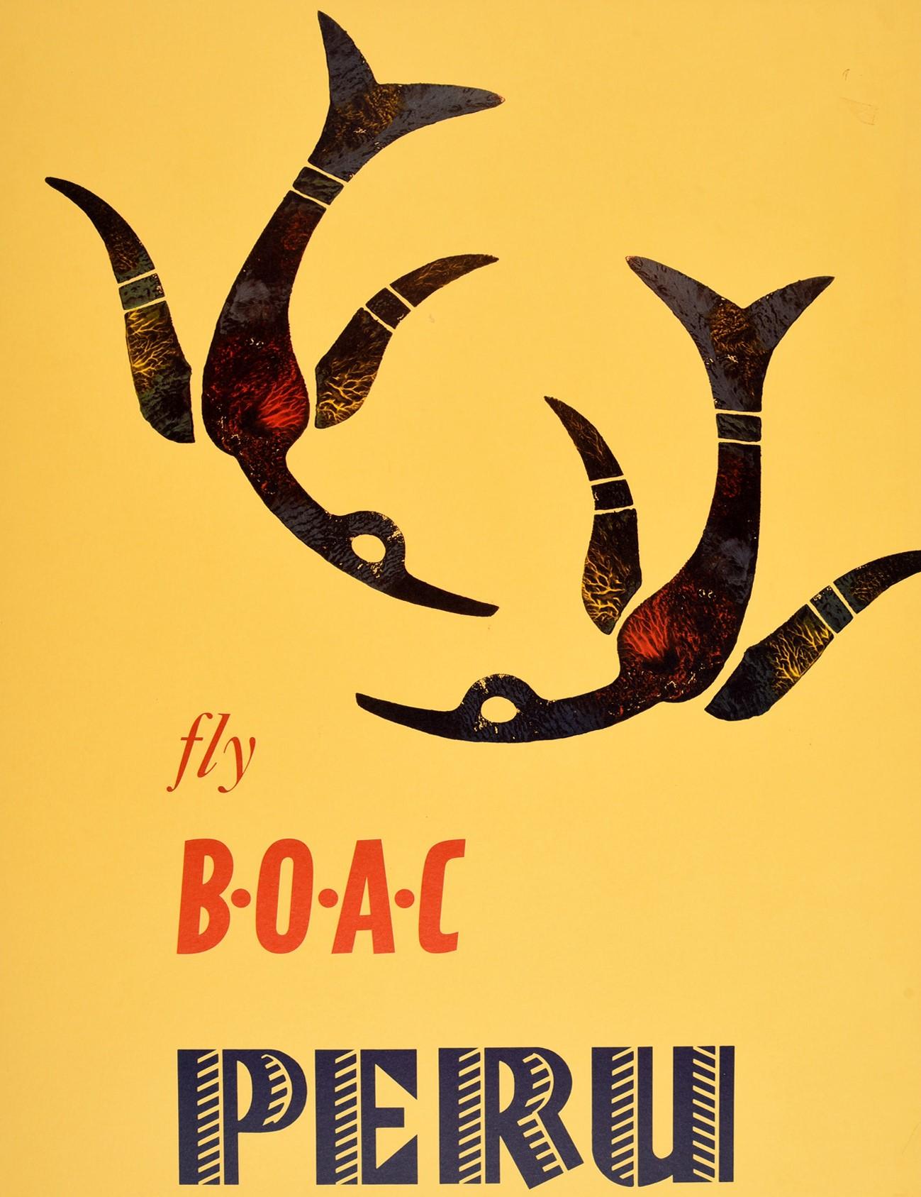 Original Vintage Poster Fly BOAC Peru South America Pre-Columbian Bird Motif Art - Orange Print by Unknown