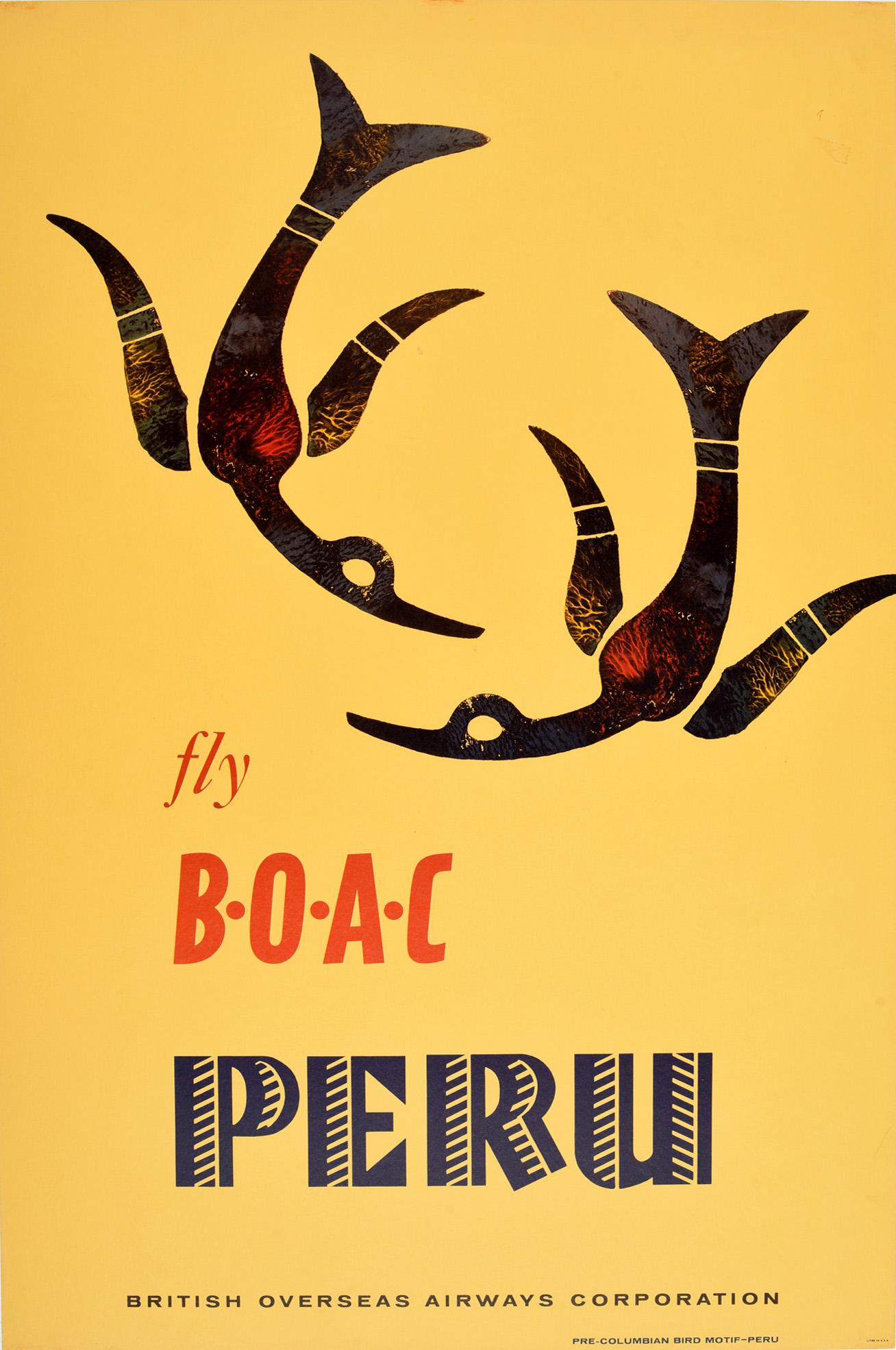 Unknown Print - Original Vintage Poster Fly BOAC Peru South America Pre-Columbian Bird Motif Art