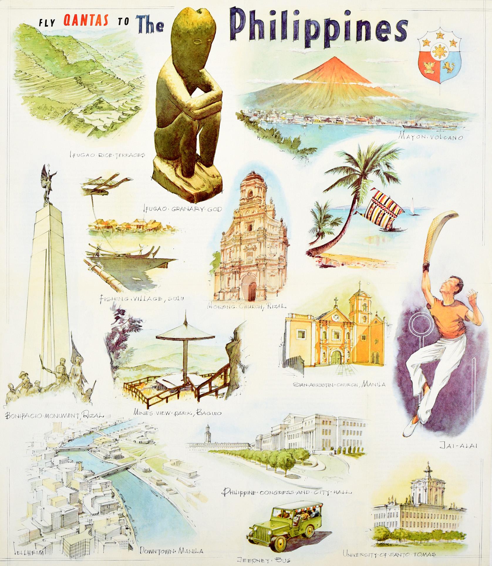 Unknown Print - Original Vintage Poster Fly Qantas To The Philippines Travel Art Illustrations
