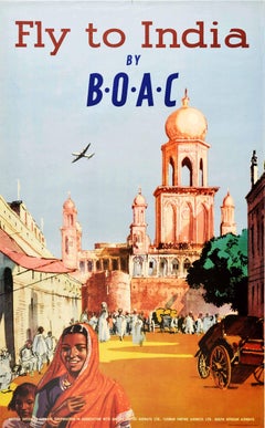 Original Vintage Poster Fly To India By BOAC British Overseas Airways Travel Art