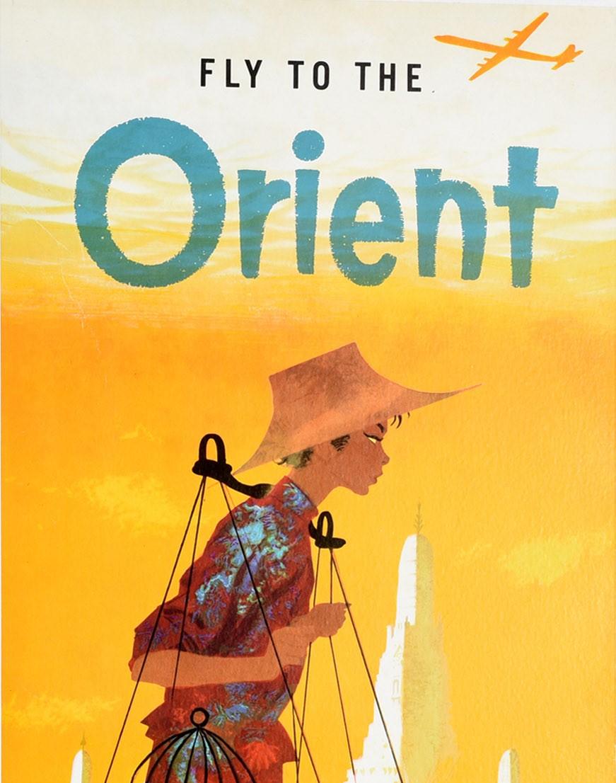 Original Vintage Poster Fly To The Orient BOAC Airline Aviation Asia Travel Art - Print by Unknown