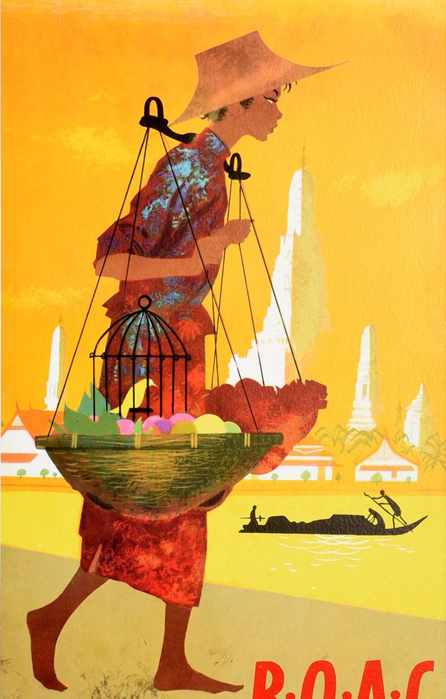 Original Vintage Poster Fly To The Orient BOAC Airline Aviation Asia Travel Art - Orange Print by Unknown