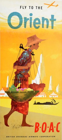 Original Vintage Poster Fly To The Orient BOAC Airline Aviation Asia Travel Art