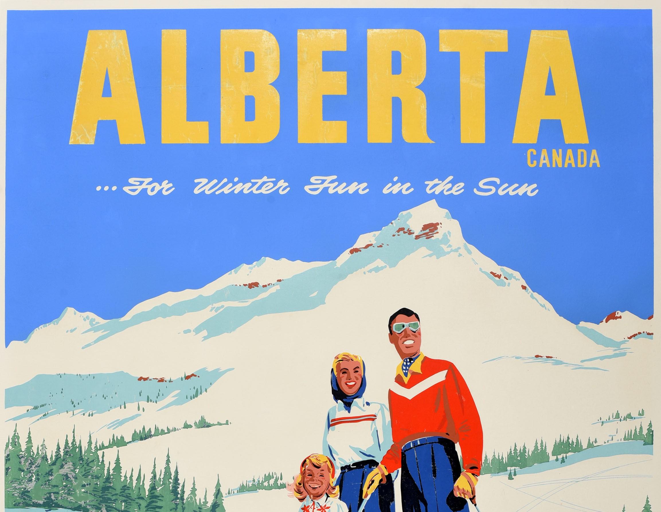 Cartel original de época de las estaciones de esquí de Alberta, Canadá Banff Jasper Lake Louise - Print de Unknown