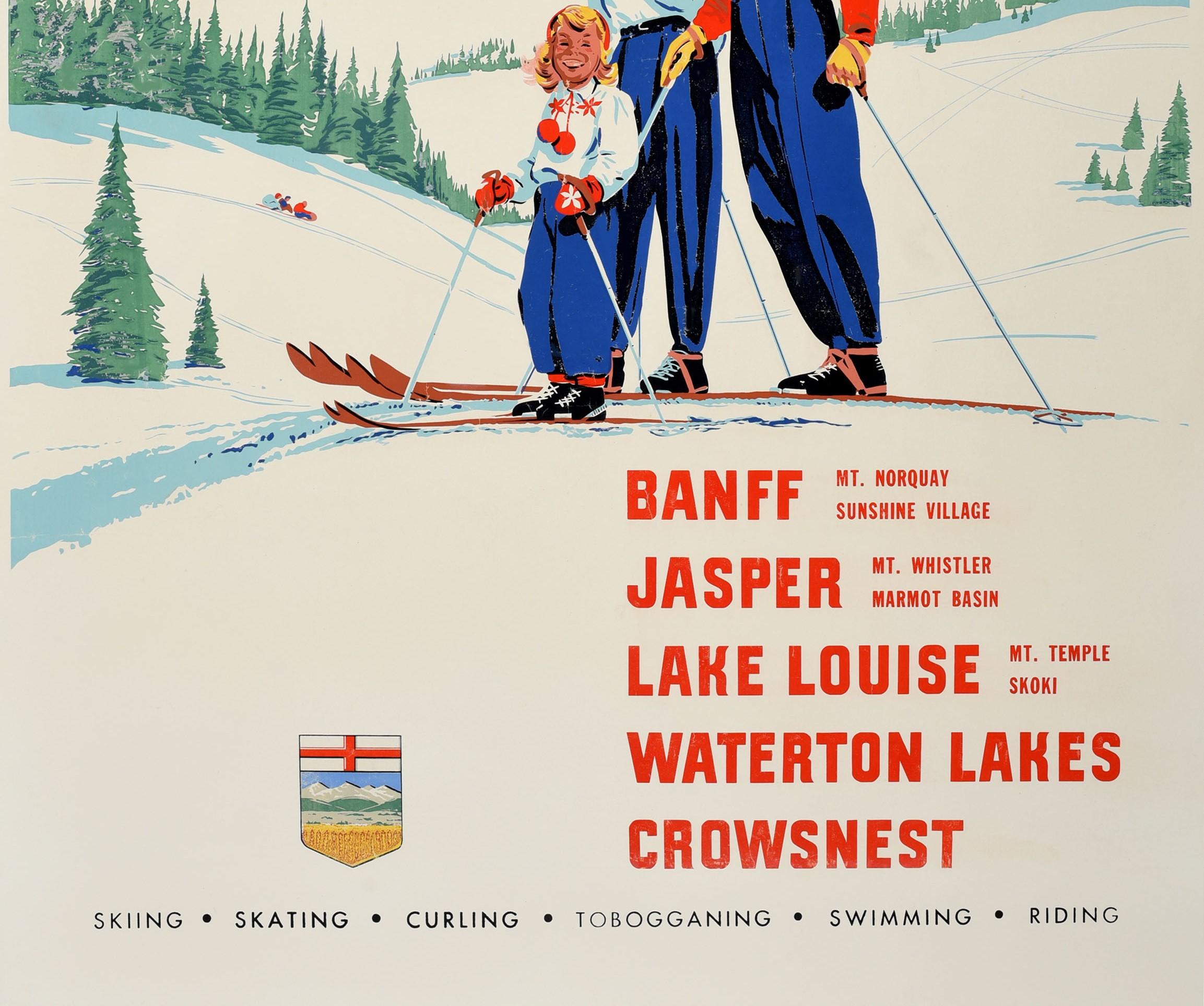 Cartel original de época de las estaciones de esquí de Alberta, Canadá Banff Jasper Lake Louise - Print Beige de Unknown