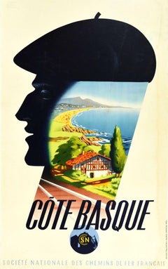 Affiche rétro originale pour la Côte Basque Coast SNCF, Conception de voyage en chemin de fer français