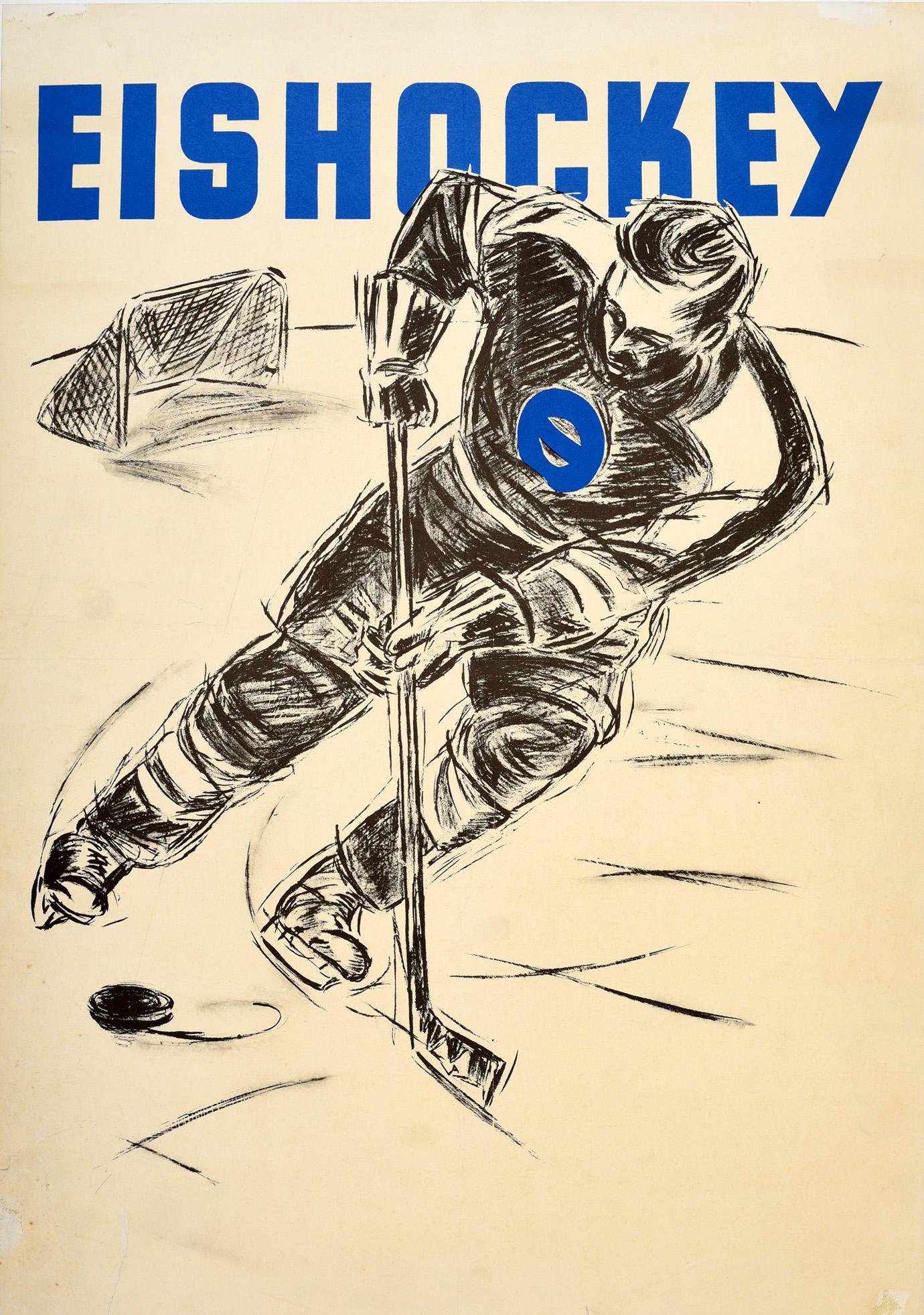 Unknown Print - Original Vintage Poster For Eishockey Ice Hockey Sport Skater Ice Rink Puck Goal