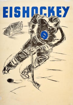 Original Vintage Poster For Eishockey Ice Hockey Sport Skater Ice Rink Puck Goal