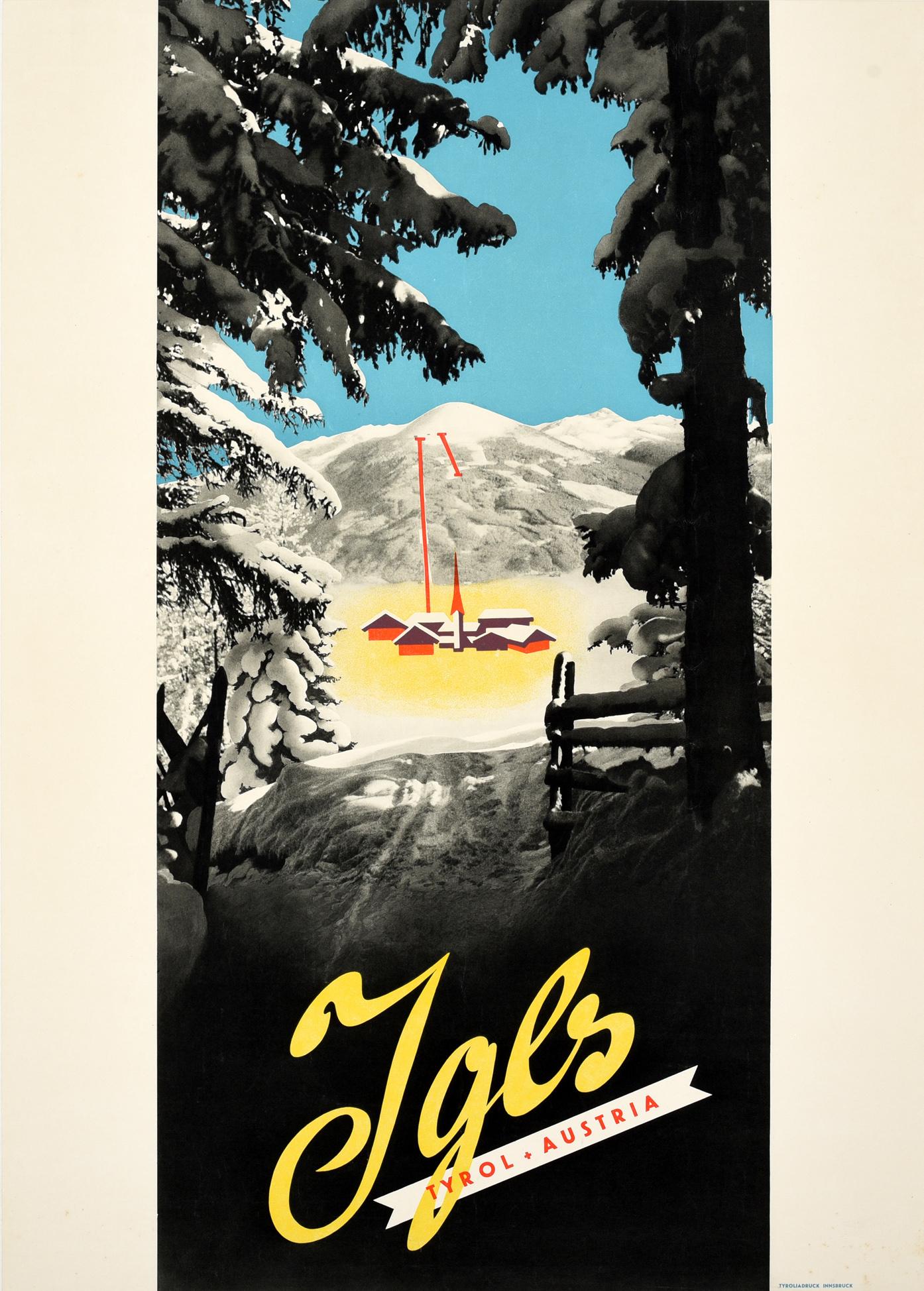 Unknown Print - Original Vintage Poster For Igls Tyrol Austria Winter Sport Skiing Mountain Alps
