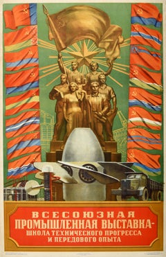 Original Retro Poster For Industrial Exhibition Moscow USSR Technical Progress