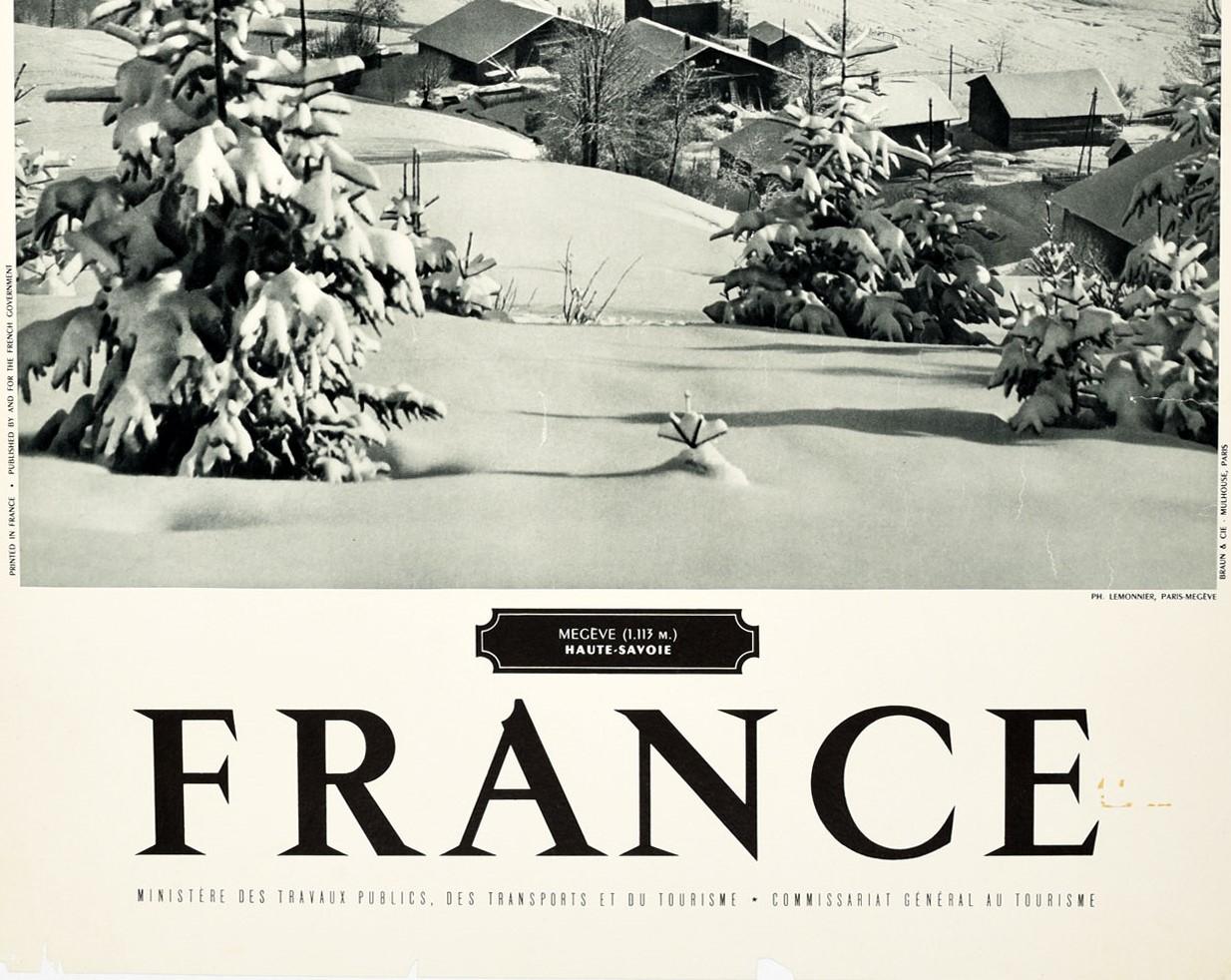Original Vintage-Plakat für Megeve Haute Savoie Frankreich Alpen Wintersport Skifahren (Grau), Print, von Unknown