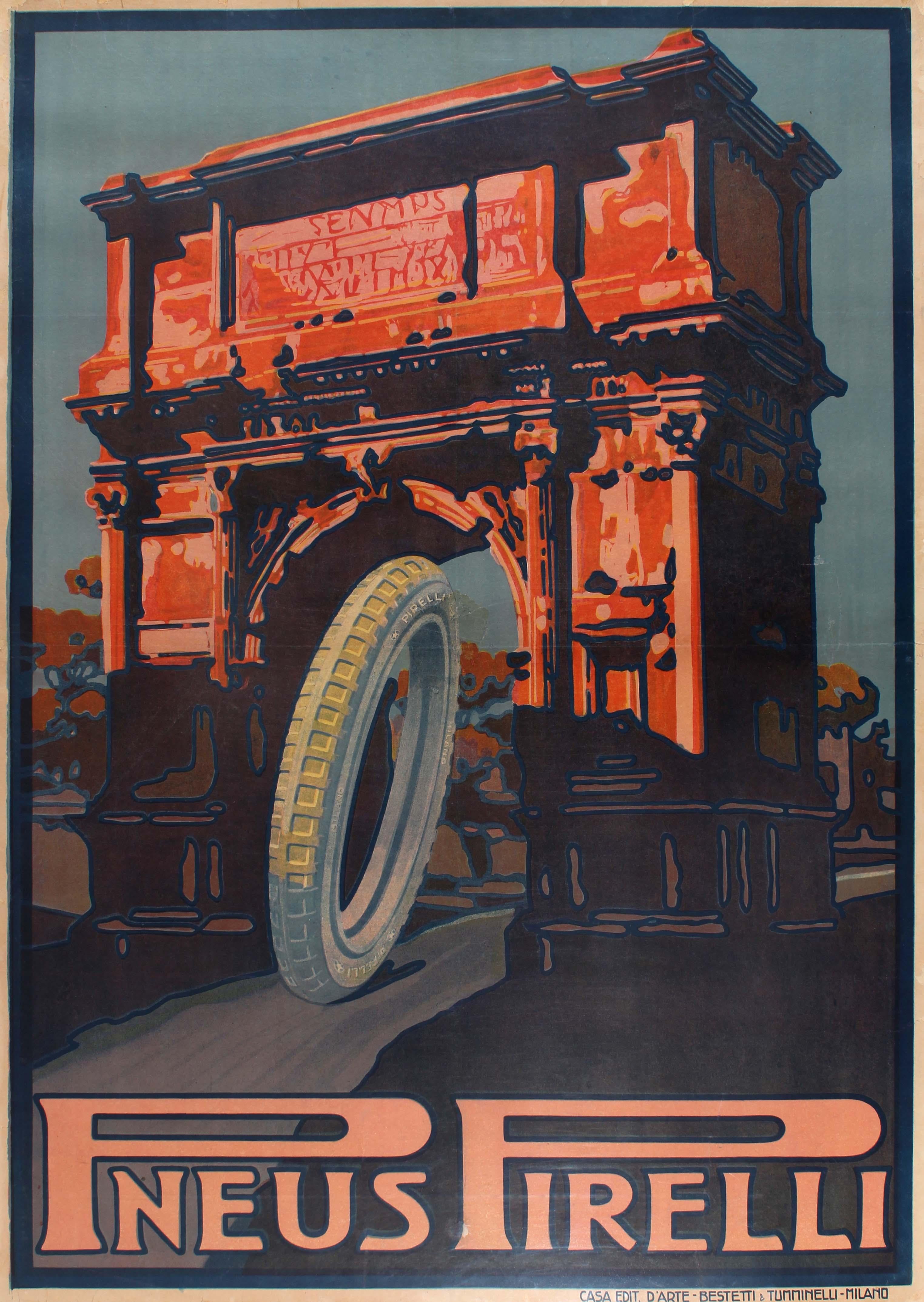 Unknown Print - Original Vintage Poster For Pneus Pirelli Tyres Ft Historic Roman Arch And Tire