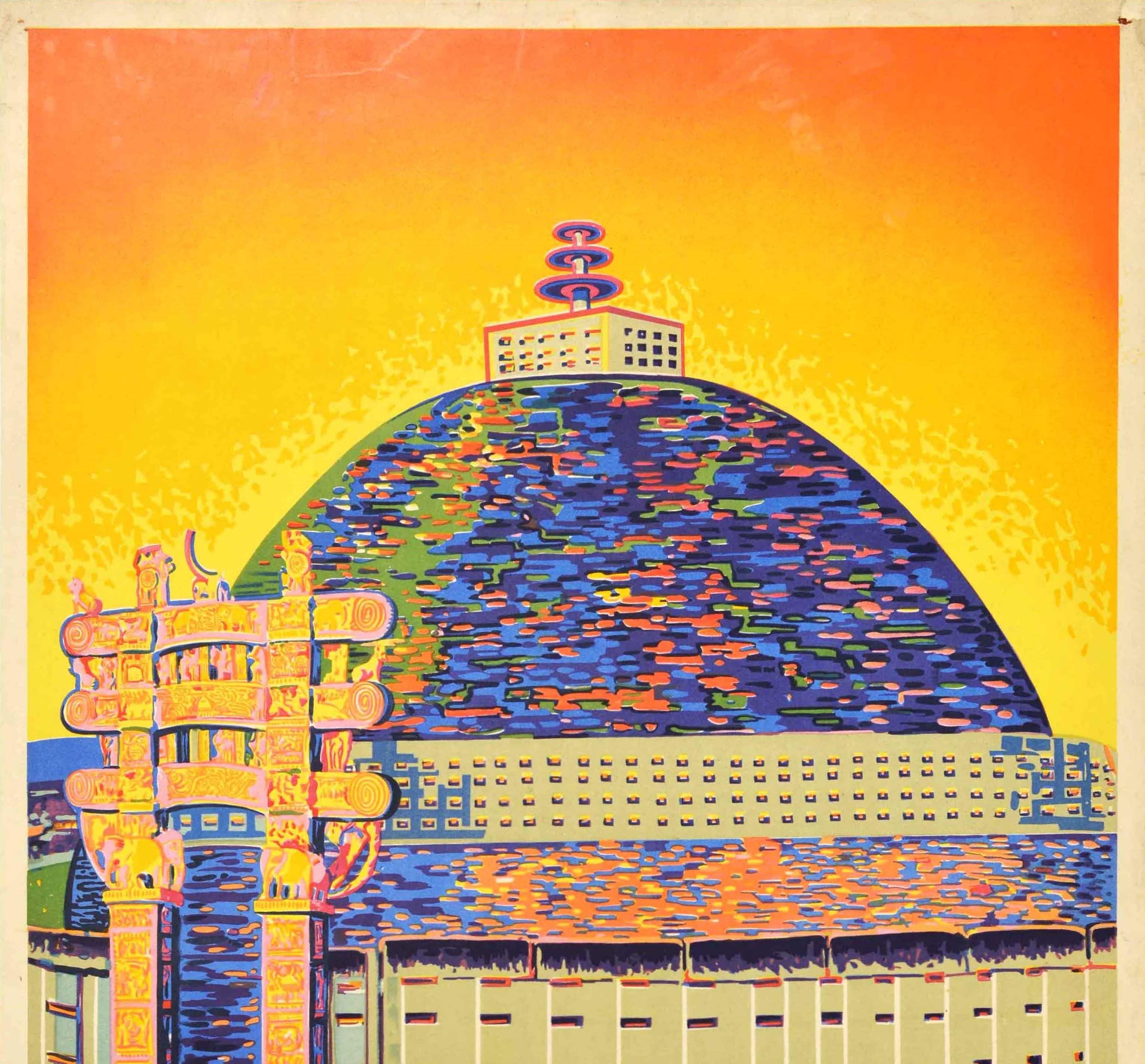 Original Vintage Poster For Sanchi Visit India Architecture Great Stupa Buddhism - Print by Unknown