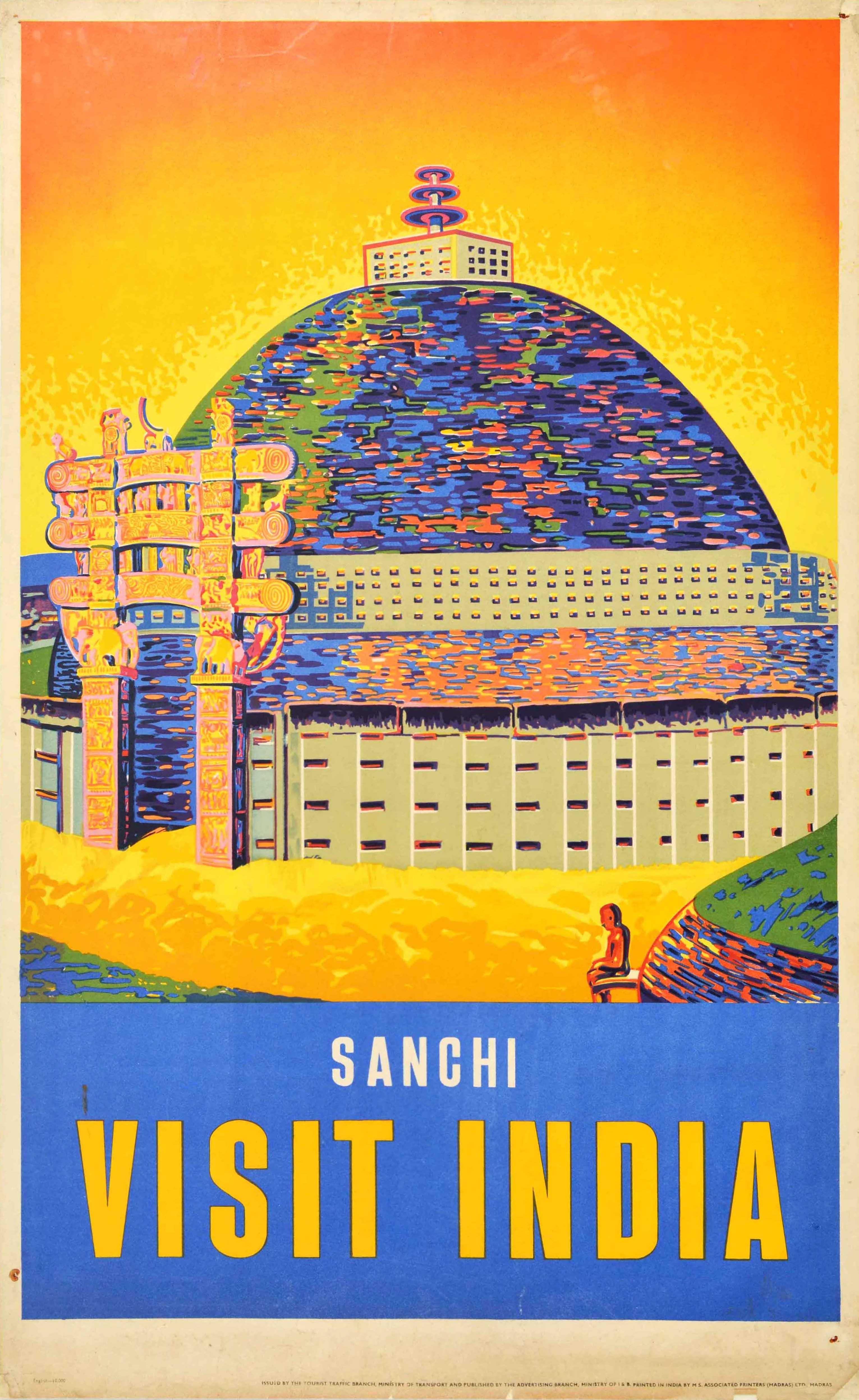 Unknown Print - Original Vintage Poster For Sanchi Visit India Architecture Great Stupa Buddhism