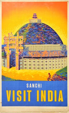 Original Retro Poster For Sanchi Visit India Architecture Great Stupa Buddhism