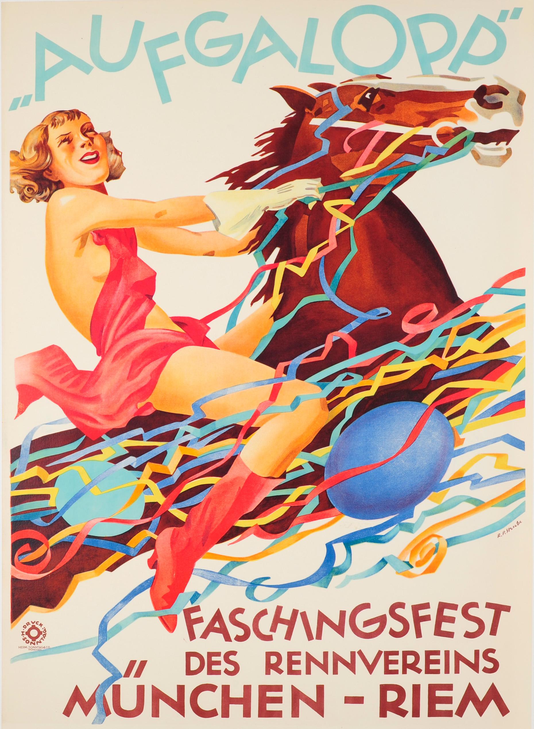 Unknown Print - Original Vintage Poster For The Aufgalopp Faschingsfest Carnival Munich Ft Horse