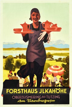 Affiche vintage d'origine du restaurant Forsthaus Ilkahohe Art Déco Tutzing en Bavière