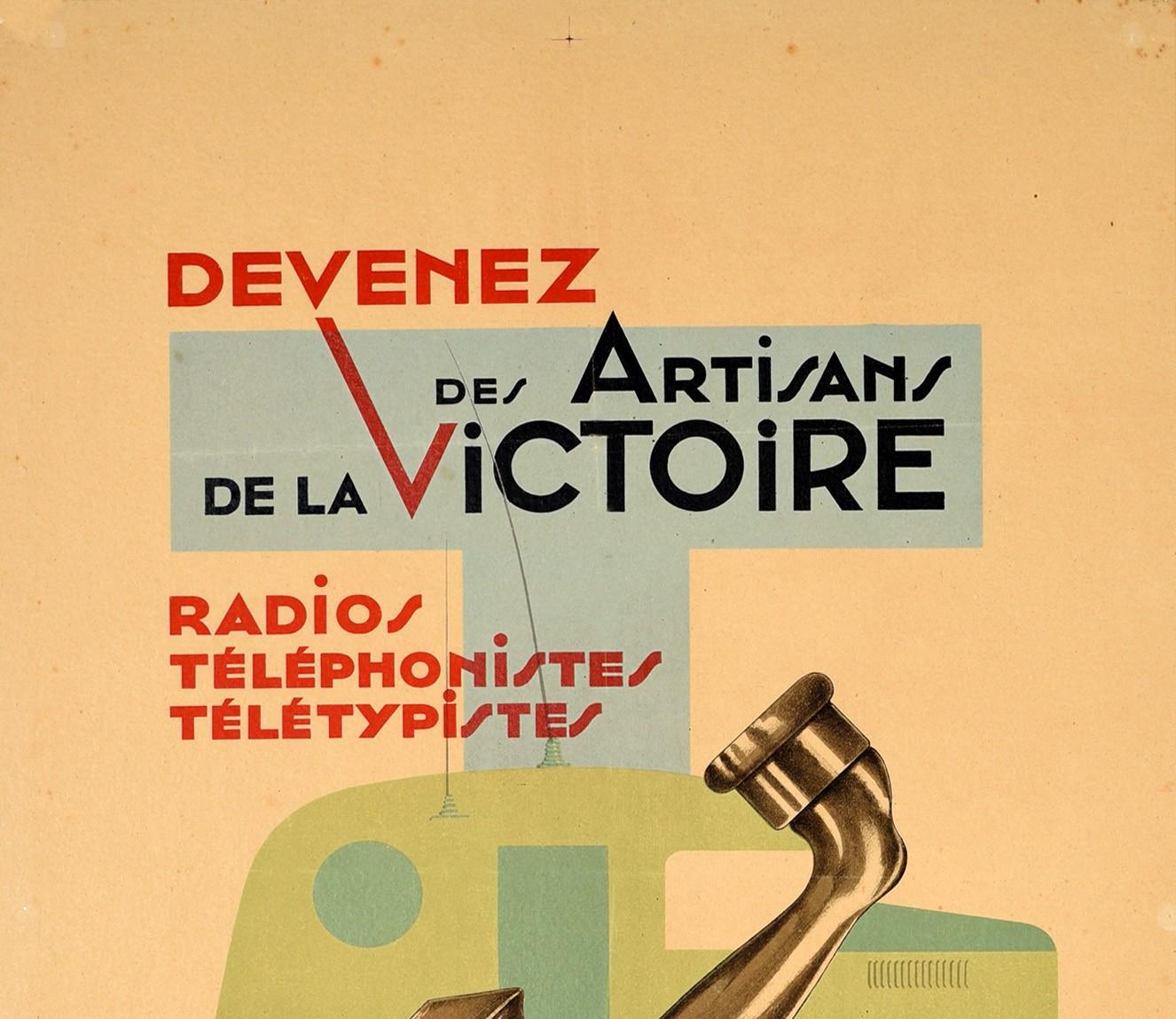 Original Vintage Poster French Army Signal Corps Radio Telephone Communications - Print by Unknown